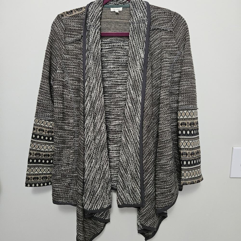 En Creme Small Duster Cardigan Sweater Gray Long Sleeve Open Front SW/Fair Isle